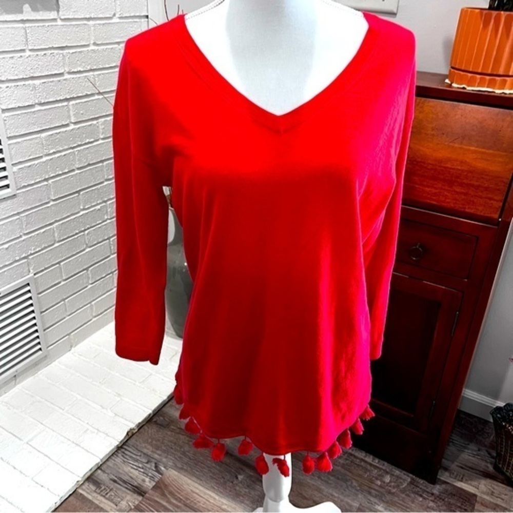 Talbots Lightweight Cotton V-Neck Pullover Tunic, Hemline Balled Fringe.NWOT Sm